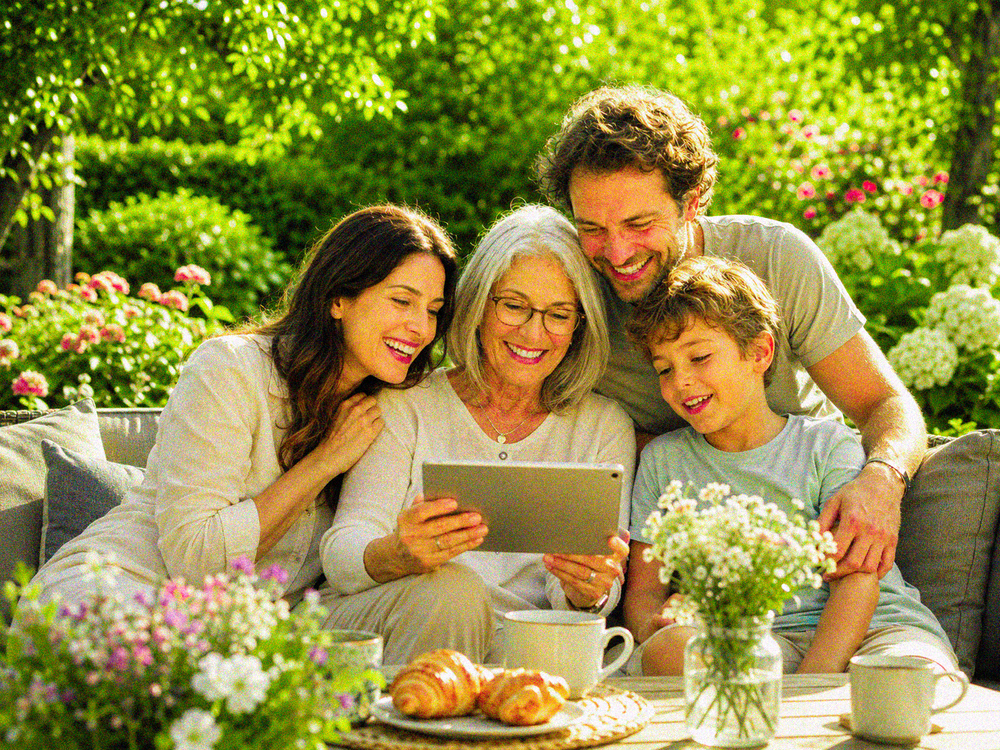 Familia junto a una mujer mayor usando una tablet en un jardín