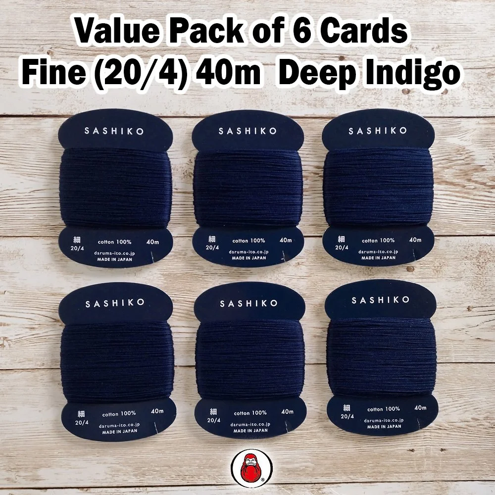 VALUE PACK of 6 cards (Deep Indigo) Daruma Sashiko Thread, Fine (20/4), 240m (approx. 262 yards), 100% Cotton, Colour no. 216