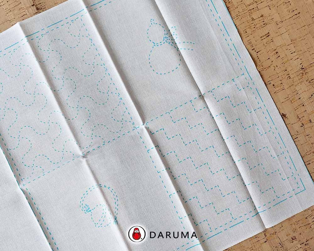 Daruma Sashiko Pre-printed Fabric Sashiko Sampler Wash-Away Bell & Gourd