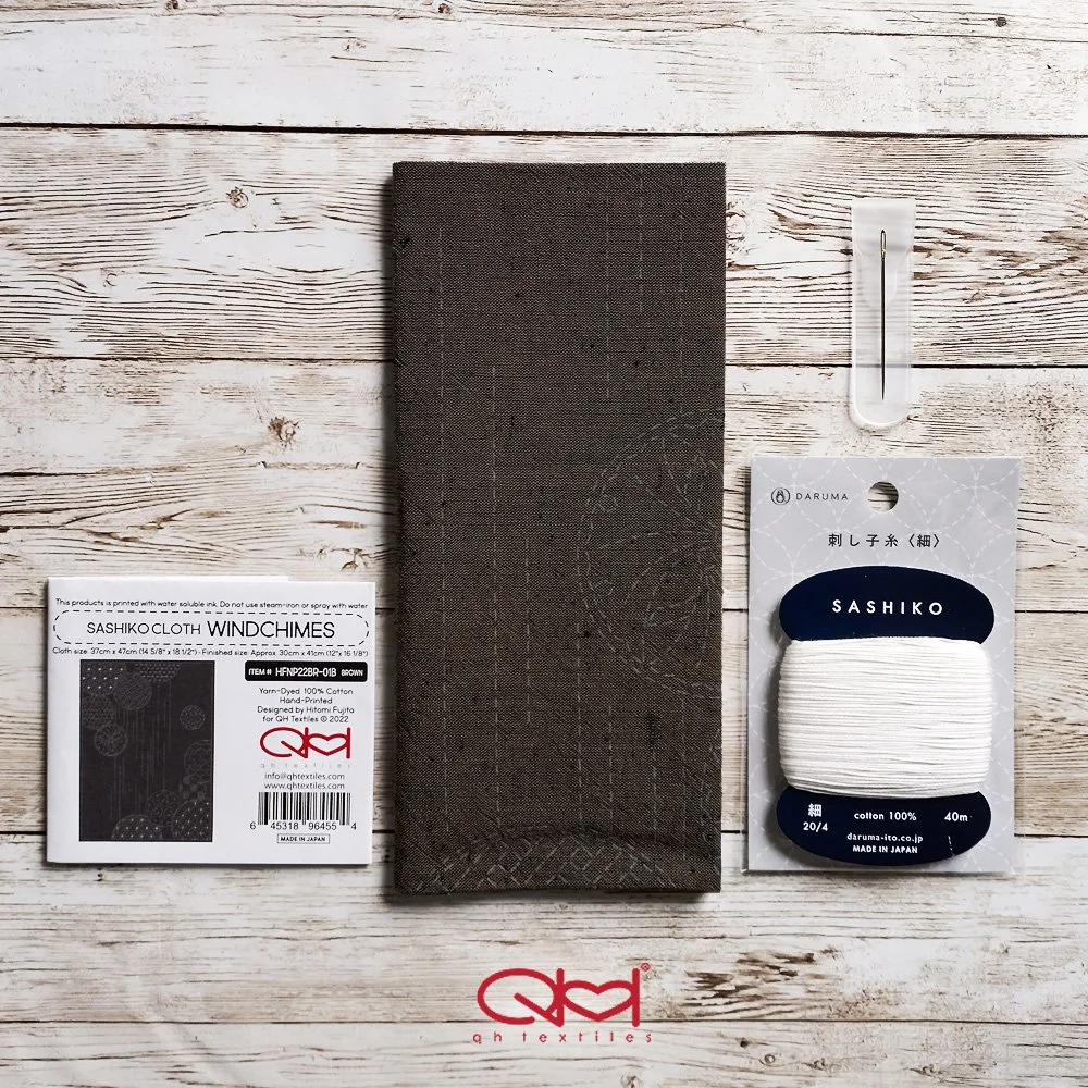 Sashiko Panel Kit, Pre-printed Yarn Dyed Cotton, nep fabric, hand-dyed panel, designed by qh textiles.