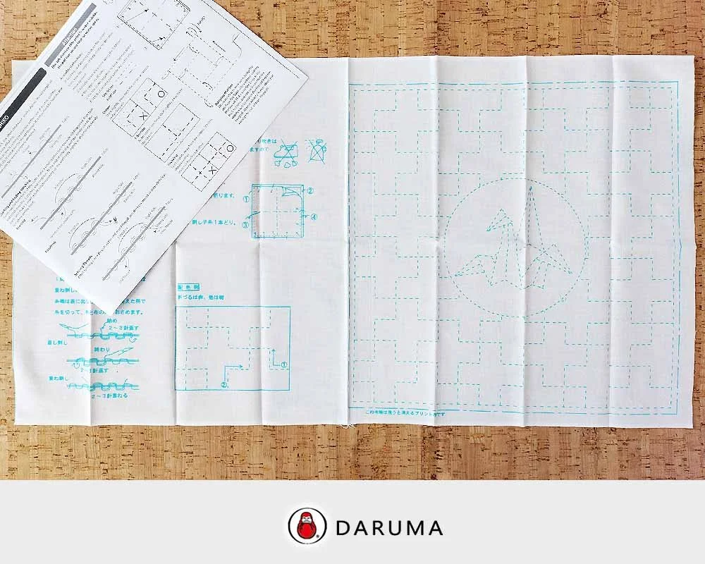 Daruma Sashiko Pre-printed Fabric Sashiko Sampler Wash-Away Origami Crane