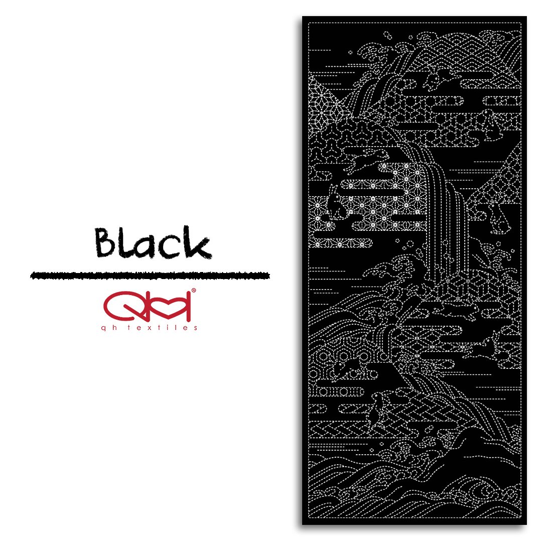Wagara Sashiko Panel, Furusato - Hometown , Preprinted Cotton 100%. Designed by QH Textiles.KF1128-16BBL Black.jpg