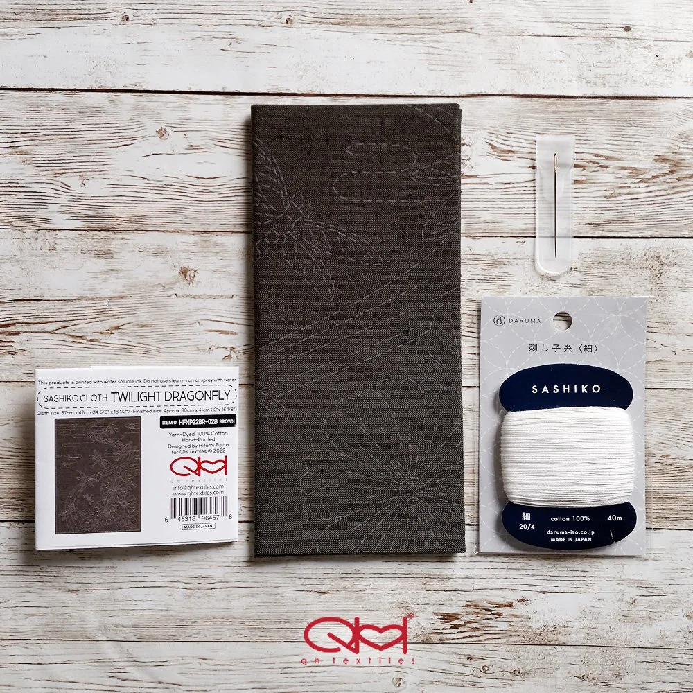 Sashiko Panel Kit, Pre-printed Yarn Dyed Cotton, nep fabric, hand-dyed panel, designed by qh textiles.