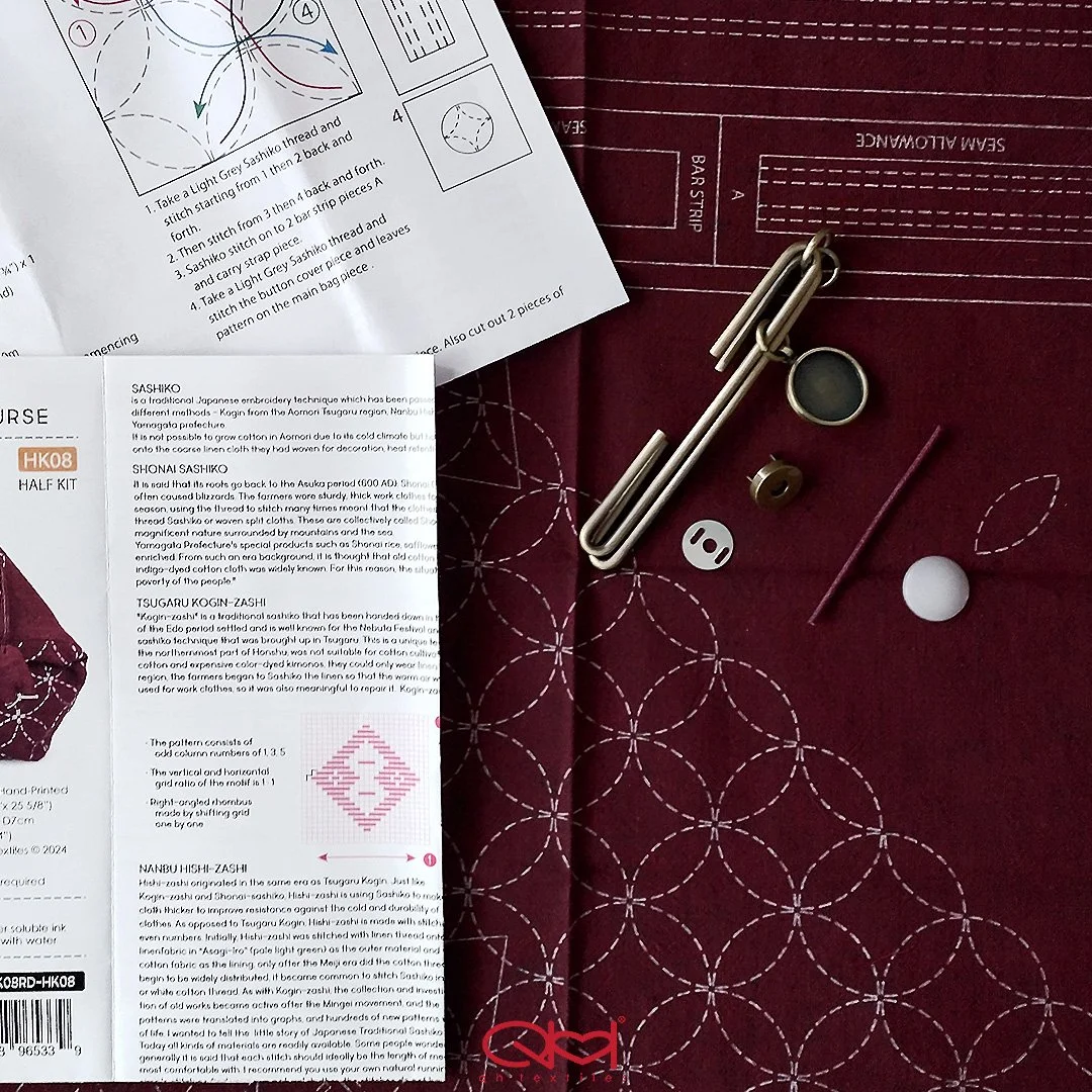 HNP24-K08RD-HK08 HNP24-HALF KIT Sashiko Slide Clasp Purse (Half Kit),  Yarn Dyed Cotton Hand-Printed by QH Textiles