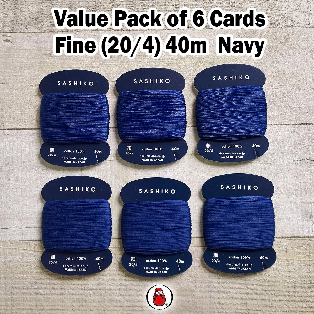VALUE PACK of 6 cards NAVY only Daruma Sashiko Thread, Fine (20/4), 240m (approx. 262 yards), 100% Cotton
