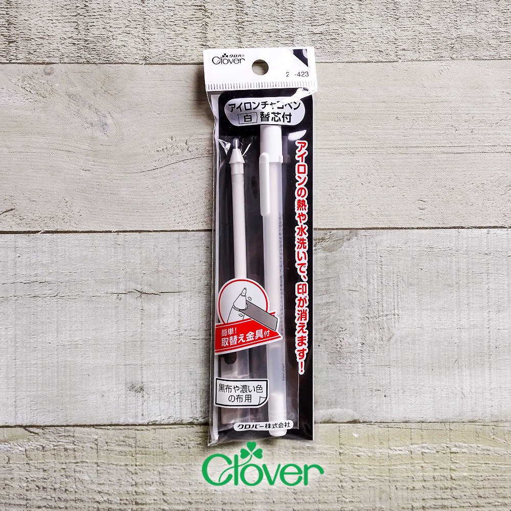 Clover White Marking Pen (Fine) Disappears when ironed or washed. The White Marking Pen is ideal for marking dark-coloured cotton fabrics.  The ink is formulated to disappear when ironed or washed.