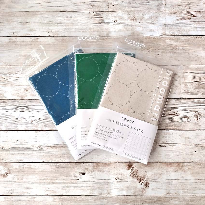 Hidamari sashiko samplers are produced by Cosmo. This design features a circle pattern, making it perfect for beginners.