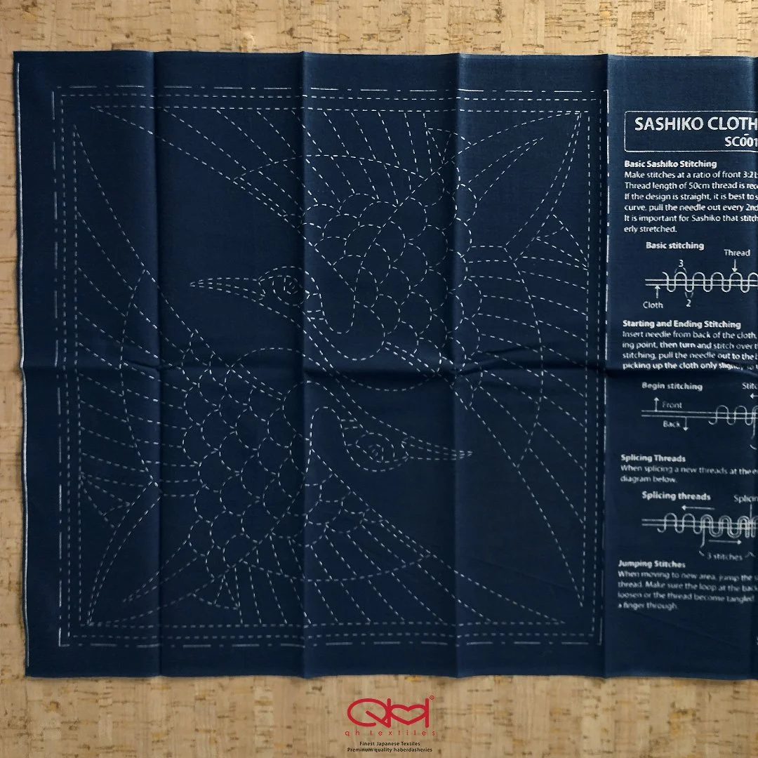 Sashiko Cloth Pre-Printed In Water-Soluble - Two Cranes from QH Textiles