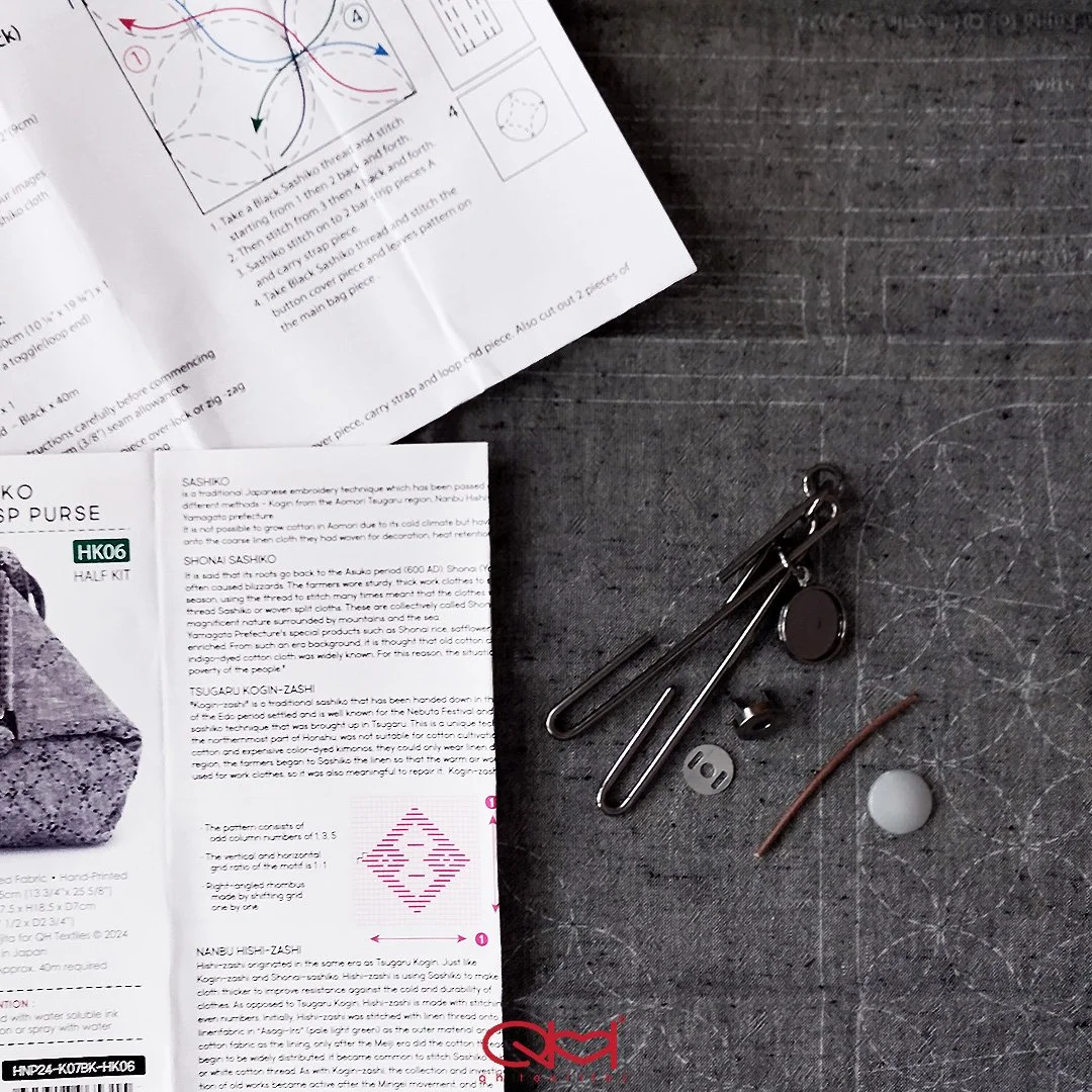 HNP24-HALF KIT Sashiko Slide Clasp Purse (Half Kit),  Yarn Dyed Cotton Hand-Printed by QH Textiles