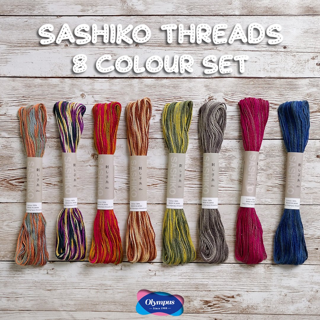 VALUE PACK Olympus Variegated Mix Sashiko Threads Set of 8 Colours, 160m (Approx. 175 Yds) Skeins