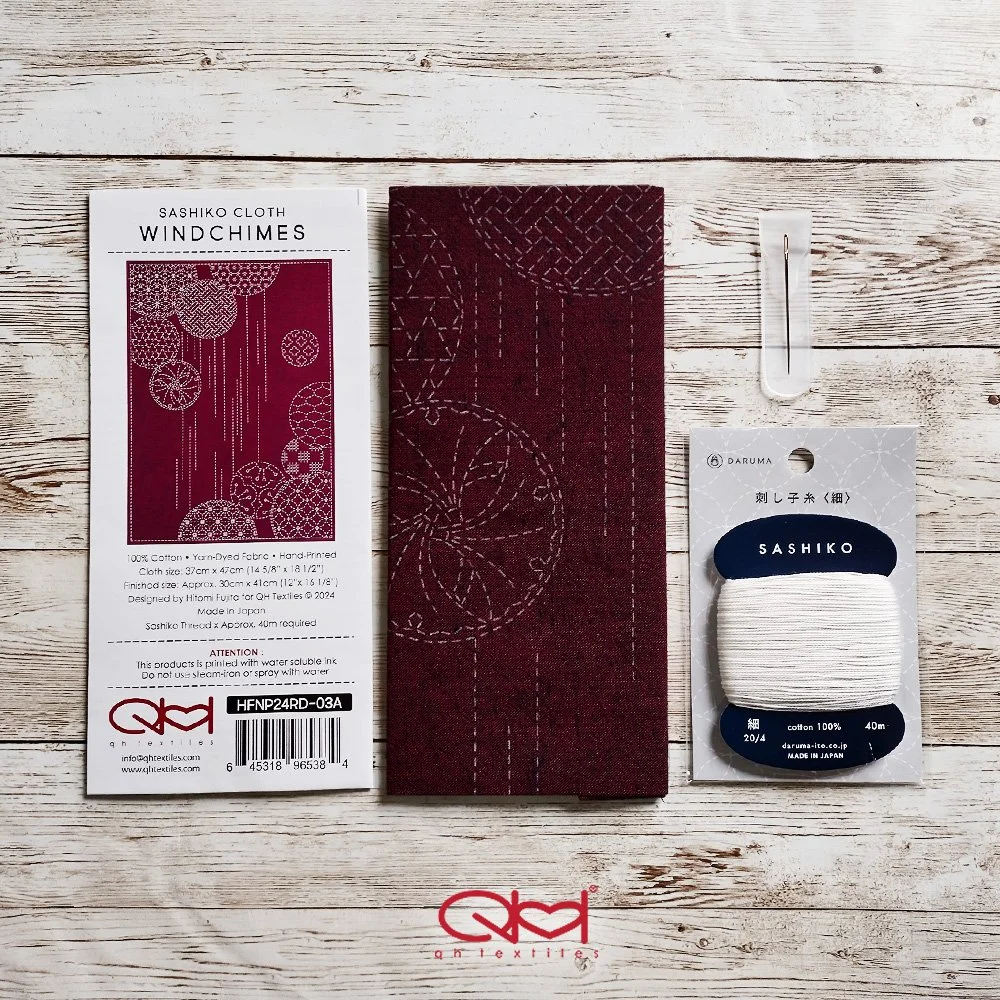 Sashiko Panel Kit, Pre-printed Yarn Dyed Cotton, hand-dyed panel, designed by qh textiles, printed in Japan