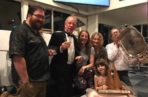 Ed Smith, Simon Bazeley (owner), Maxine Bazeley, Shirley Thompson, Bruce Crombie and (front) Delfina Carol with their trophies awarded to their yacht, Beagle, at Metung Yacht Club’s senior fleet presentation dinner on Saturday. Beagle was awarded the