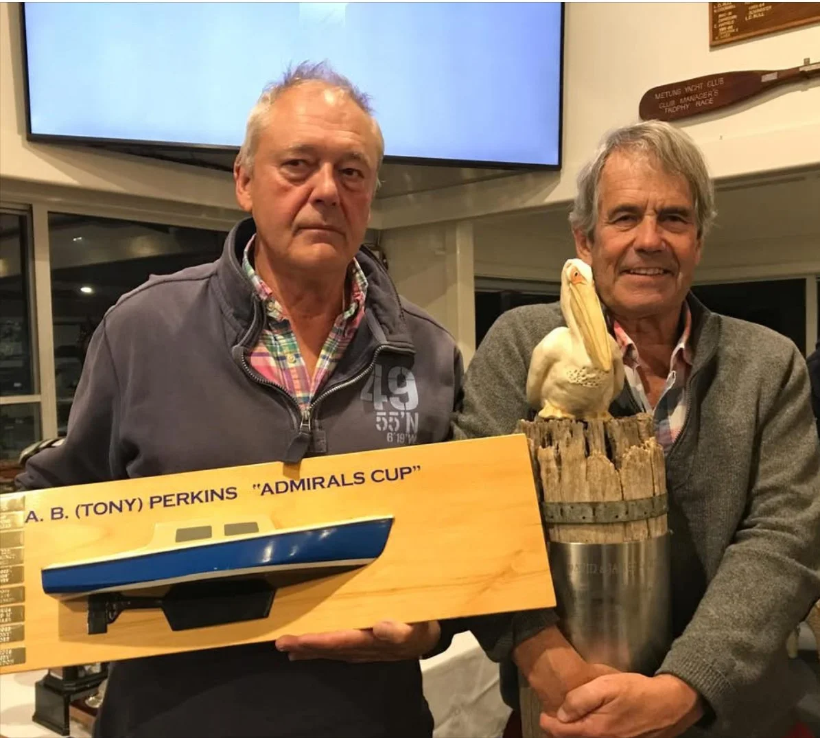 The team on board Odyssey were awarded the AB Perkins and the David and James Byrne trophies on Saturday at Metung Yacht Club’s senior fleet trophy presentation dinner. 
Representing Odyssey (right) was co-owner Brandon Kibby, pictured with Andrew Pe