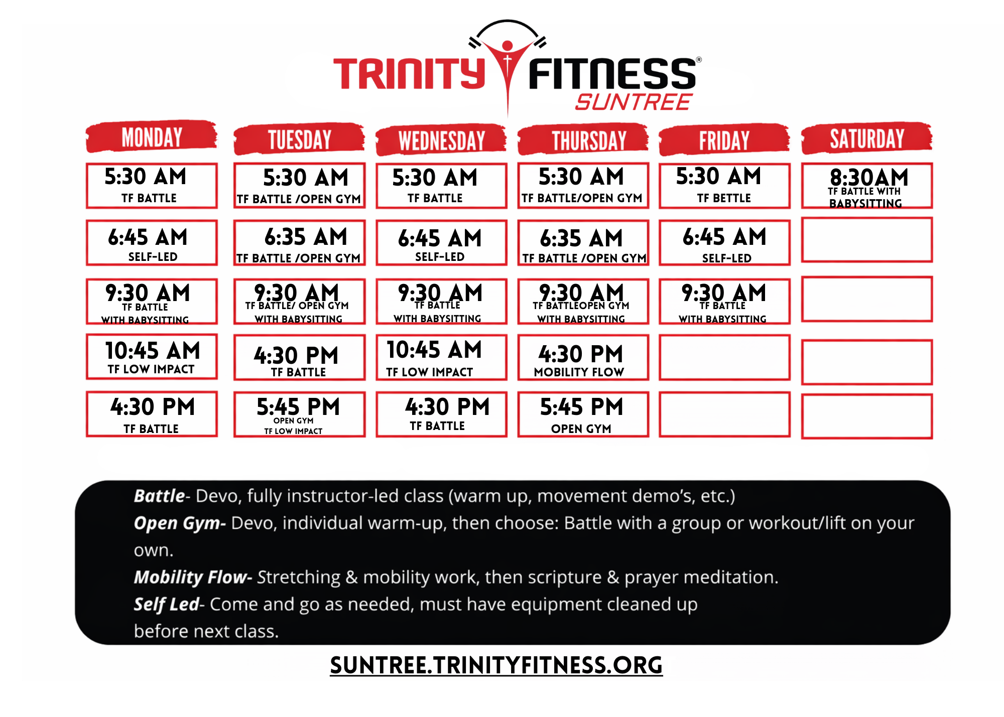 Weekly fitness class schedule for Trinity Fitness SunTree, with classes from Monday to Saturday, including times and descriptions such as TF Battle, Self-Led, TF Low Impact, Mobility Flow, and Babysitting services. The schedule also includes class descriptions and the website at the bottom.