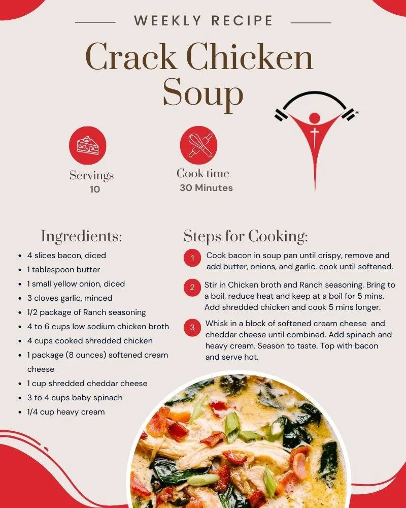 🍽️ WEEKLY RECIPE SPOTLIGHT 🍽️

This week&rsquo;s comfort favorite: Crack Chicken Soup 🍲✨

Creamy, cozy, and packed with flavor &mdash; this protein-loaded soup is everything you want after a long day. It&rsquo;s warm, satisfying, and perfect for s