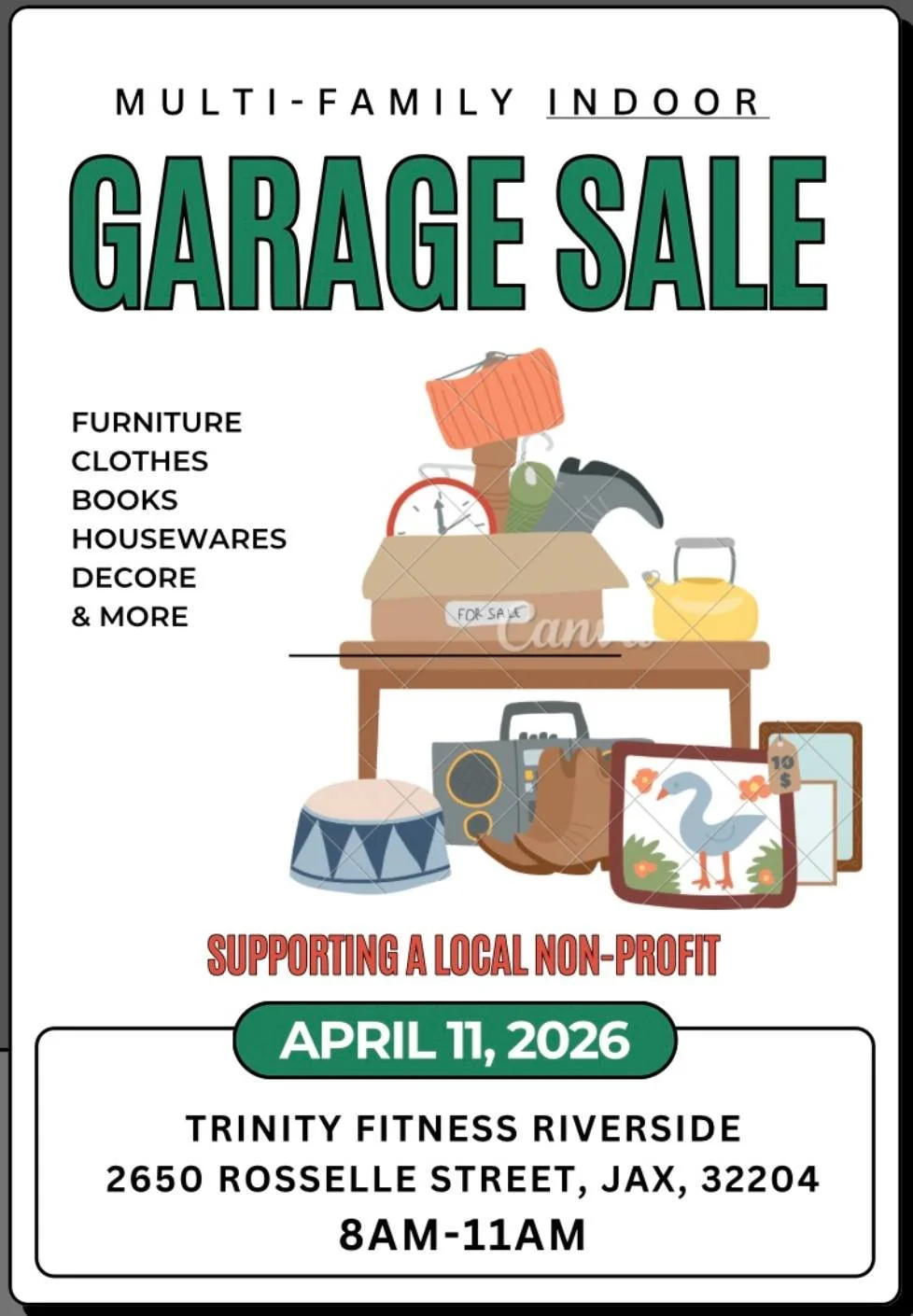 🛍️ Garage Sale for a Great Cause!
Join us for our Multi-Family Indoor Garage Sale and shop amazing deals on furniture, clothes, books, housewares, d&eacute;cor, and more!

📅 April 11, 2026
⏰ 8AM&ndash;11AM
📍 Trinity Fitness Riverside (2650 Rossell