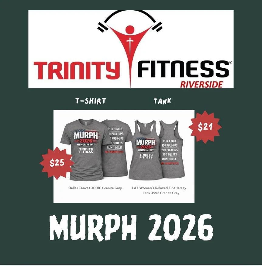 Order your tee or tank by Friday 4/24! 
Mark your calendar for MURPH on 5/25 at 7am!
Commit, train, and show up. 
No Shortcuts!

Tee: https://tfriverside.pushpress.com/open/purchase/prod_12a636d8909b4e9cac8813c7d7

Tank:  https://tfriverside.pushpres