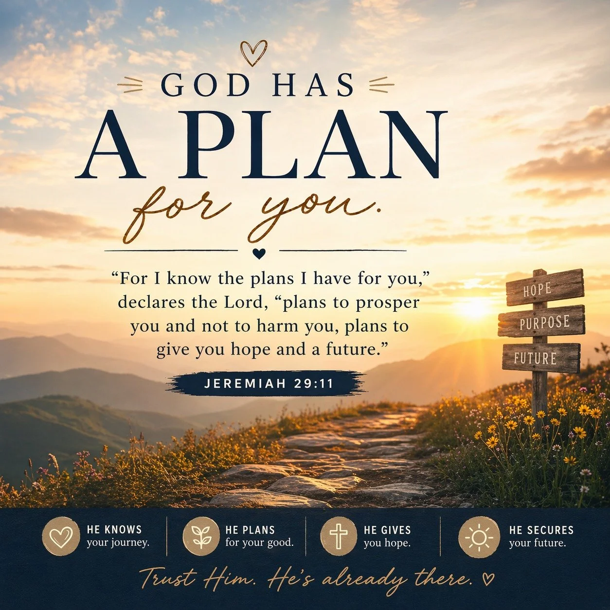 Trusting God's Plan
&ldquo;For I know the plans I have for you,&rdquo; declares the Lord, &ldquo;plans to prosper you and not to harm you, plans to give you hope and a future.&rdquo; &mdash; Jeremiah 29:11

Life often feels uncertain. Plans fall apar