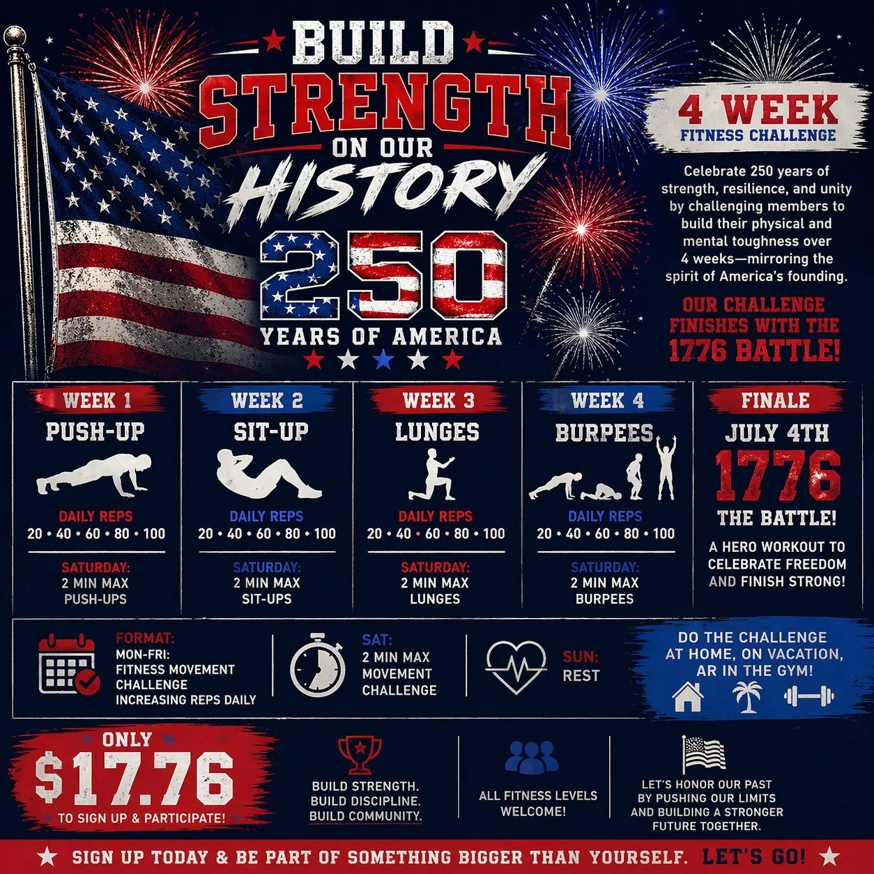 Celebrate 250 years of strength, resilience, and unity by challenging members to build their physical and mental toughness over 4 weeks&mdash;mirroring the spirit of America&rsquo;s founding. Our challenge finishes with the 1776 Battle!
Format:
Mon-F