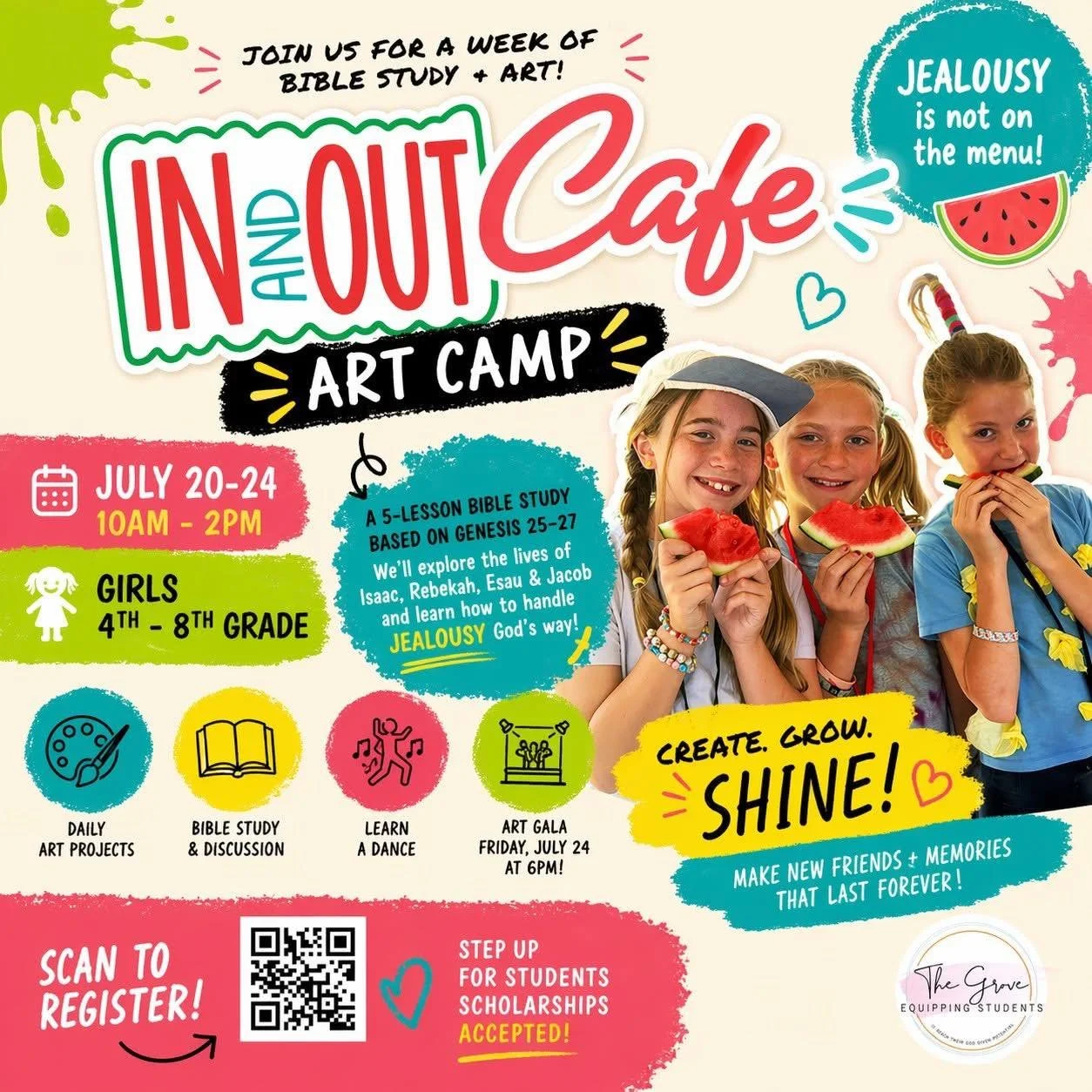 🍉✨ LET&rsquo;S GET ARTSY ✨🍉

Calling all creative girls!! 🎨💖
Get ready for the most FUN week of your summer at our In &amp; Out Caf&eacute; Art Camp!!

📅 July 20&ndash;24
⏰ 10am&ndash;2pm
👯&zwj;♀️ Girls 4th&ndash;8th grade

This isn&rsquo;t jus