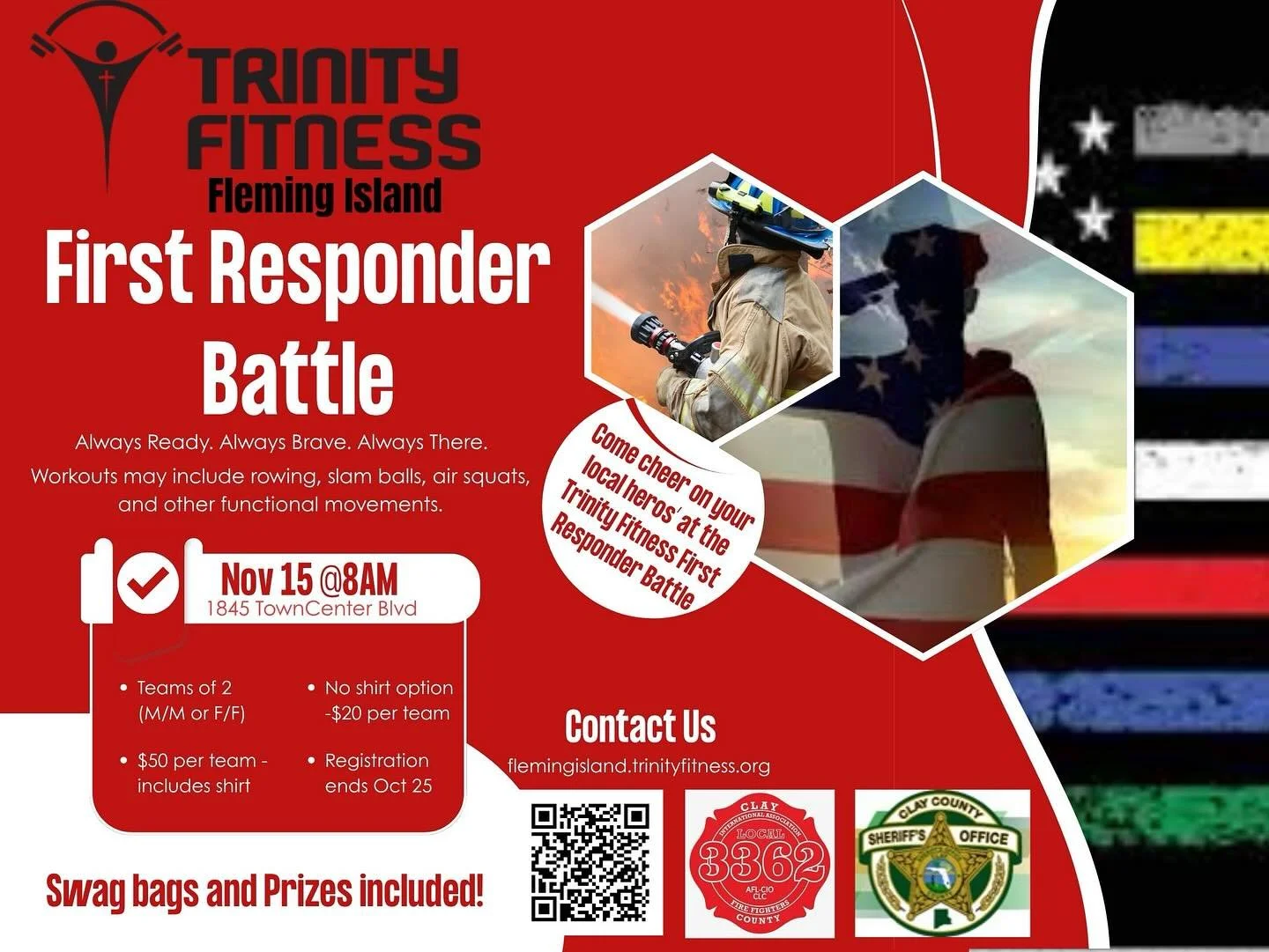 Join us Nov 15th for our First Responder Battle! First responders, grab a partner and get registered! Business owners, you can support this event by being an Event Sponsor! Families and friends can support by pre ordering an event shirt and coming ou