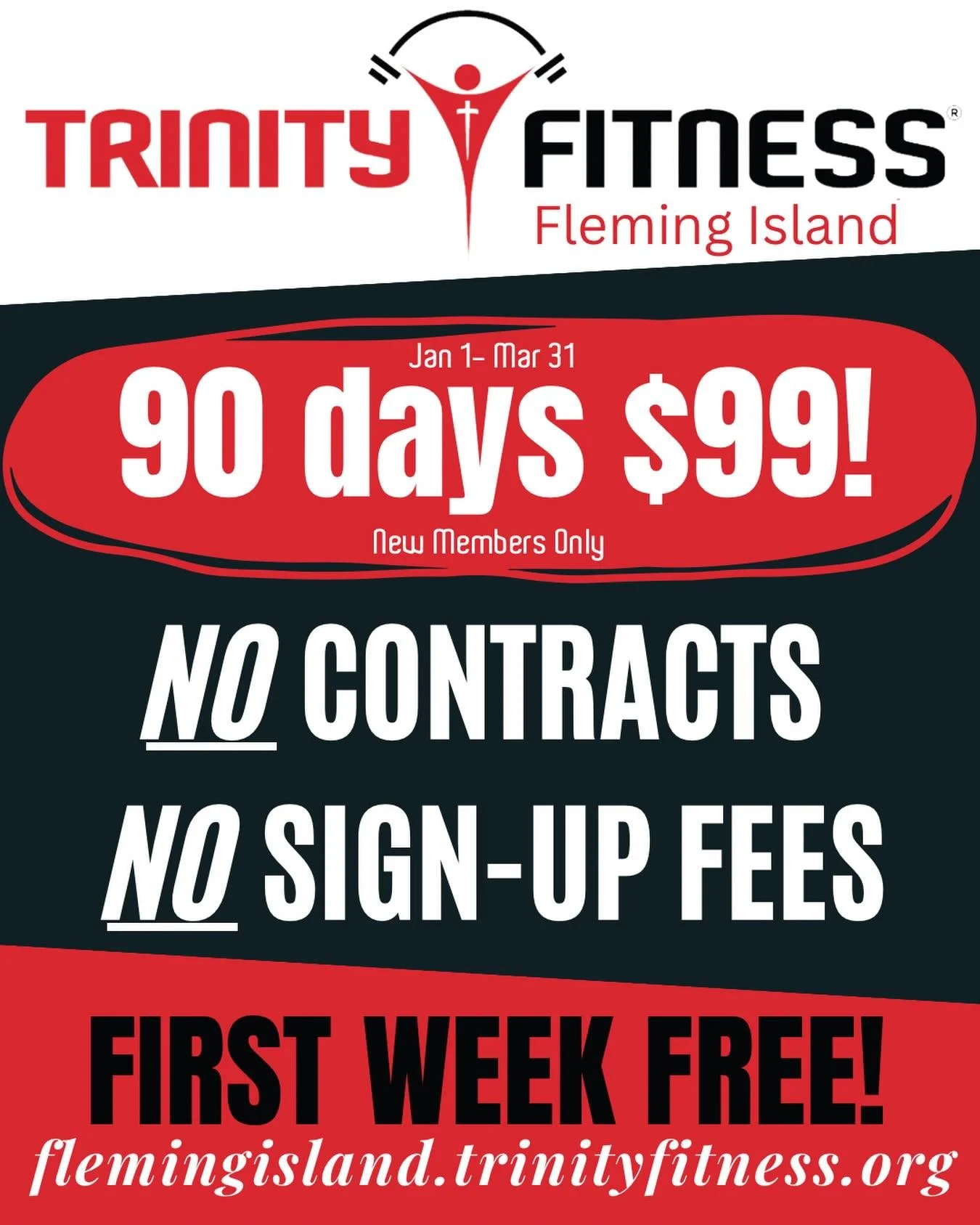 Join us today anytime between 430 &amp; 7 to get the year started off right! 
Visit our website to get your first week free! Flemingisland.trinityfitness.org