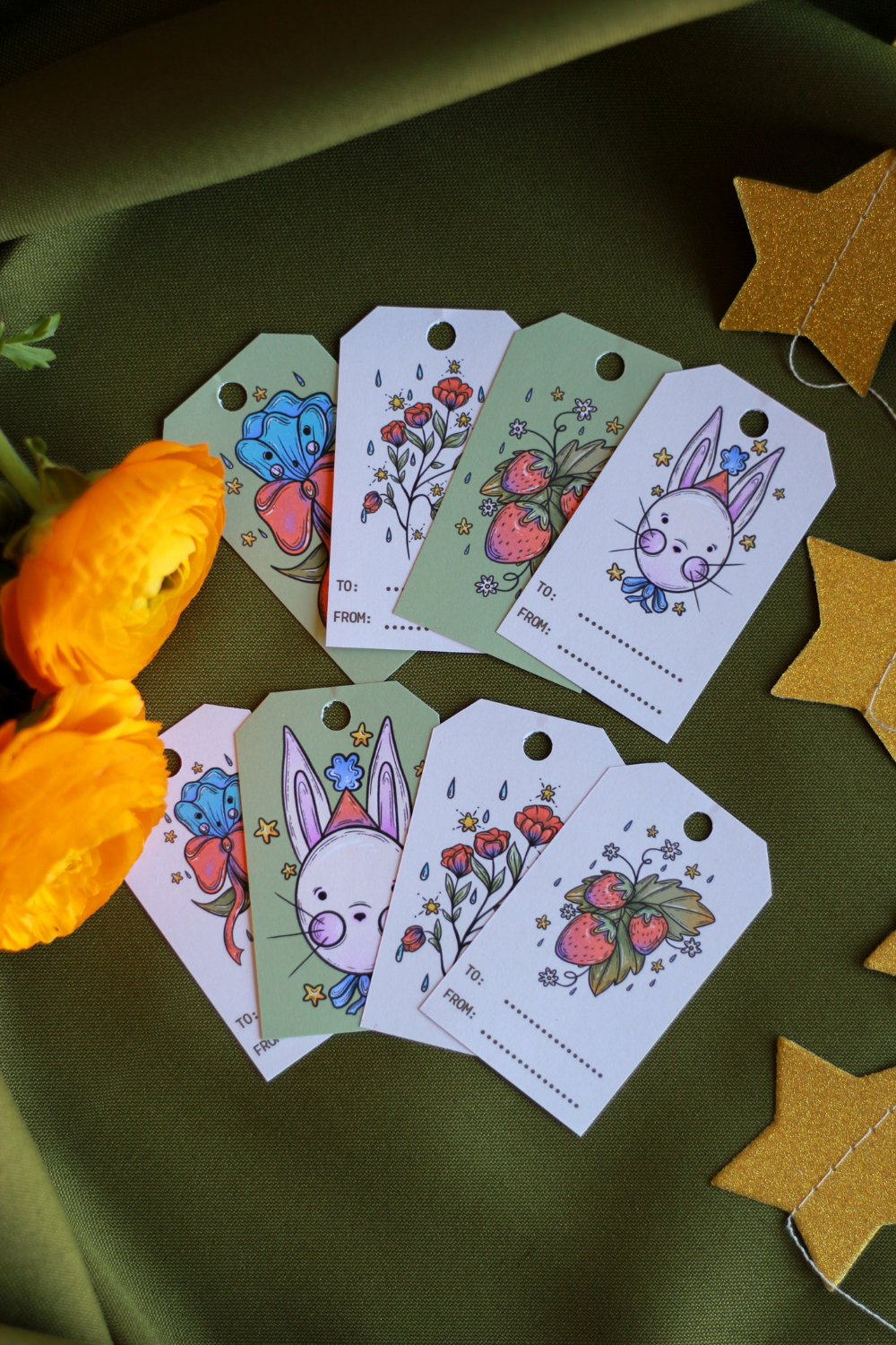 Springtide Garden Party Printable Gift Tags - Set of 8 Illustrated Spring Rain Themed Gift Tags