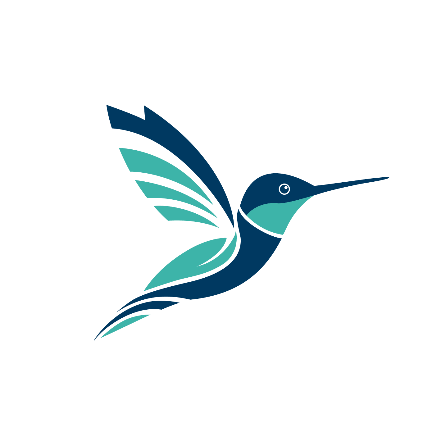 A stylized illustration of a hummingbird with teal and navy blue colors, wings spread, in flight against a black background.