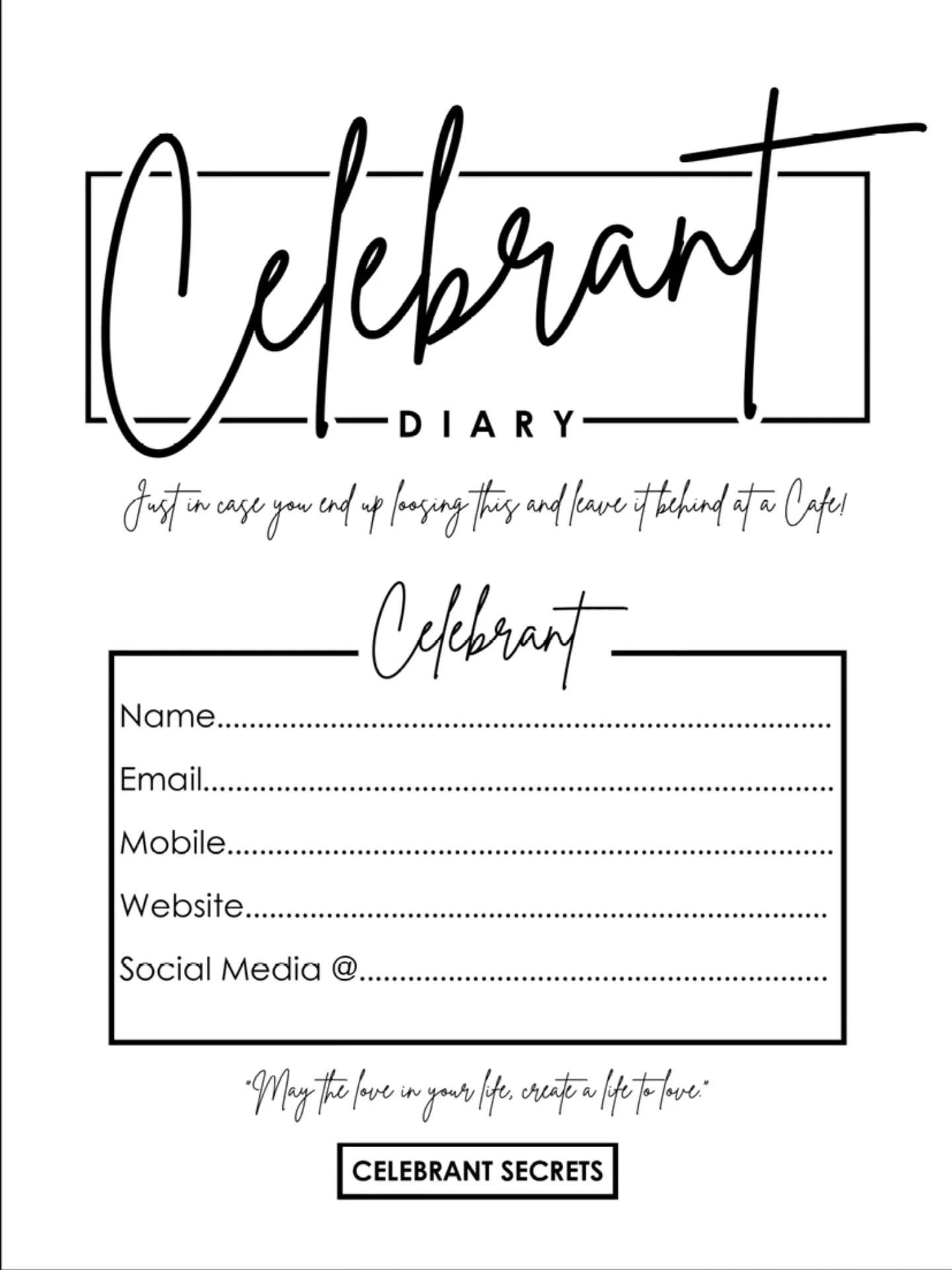 This page of my Celebrant Diary is dedicated to my beautiful friend @heart_sparks.... I wasn't going to include this page in my diary.... because I never ever fill out this page in a diary myself. But.... apparently losing your diary in a cafe is a t