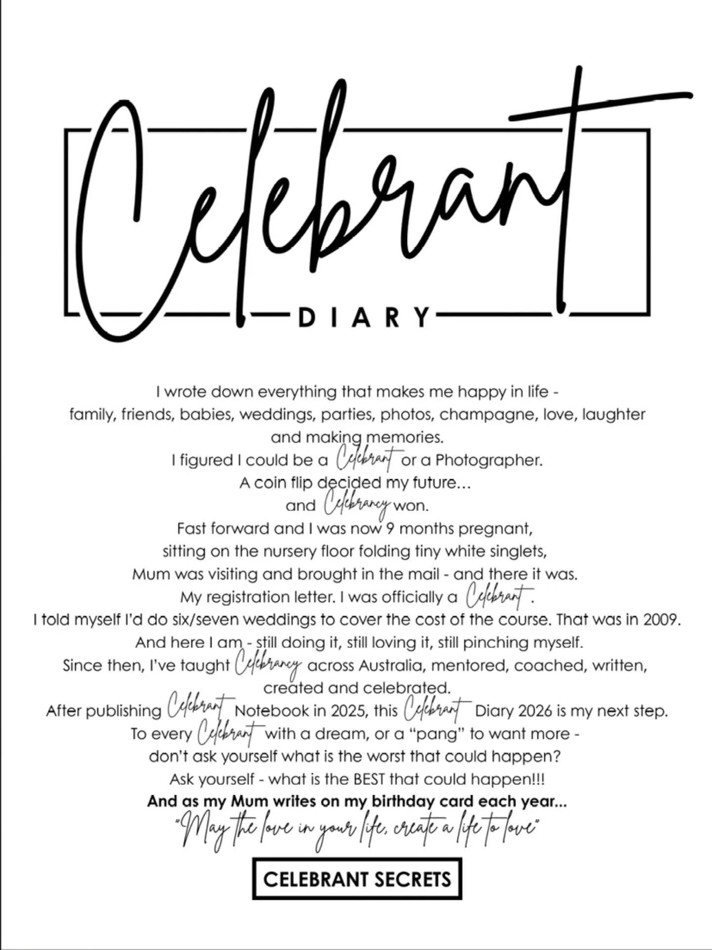 What began as a girl scribbling down everything she loved &mdash; weddings, babies, champagne, laughter, love and making memories &mdash; turned into a coin flip&hellip; and Celebrancy won.

Fast forward through registration letters, nursery floors, 