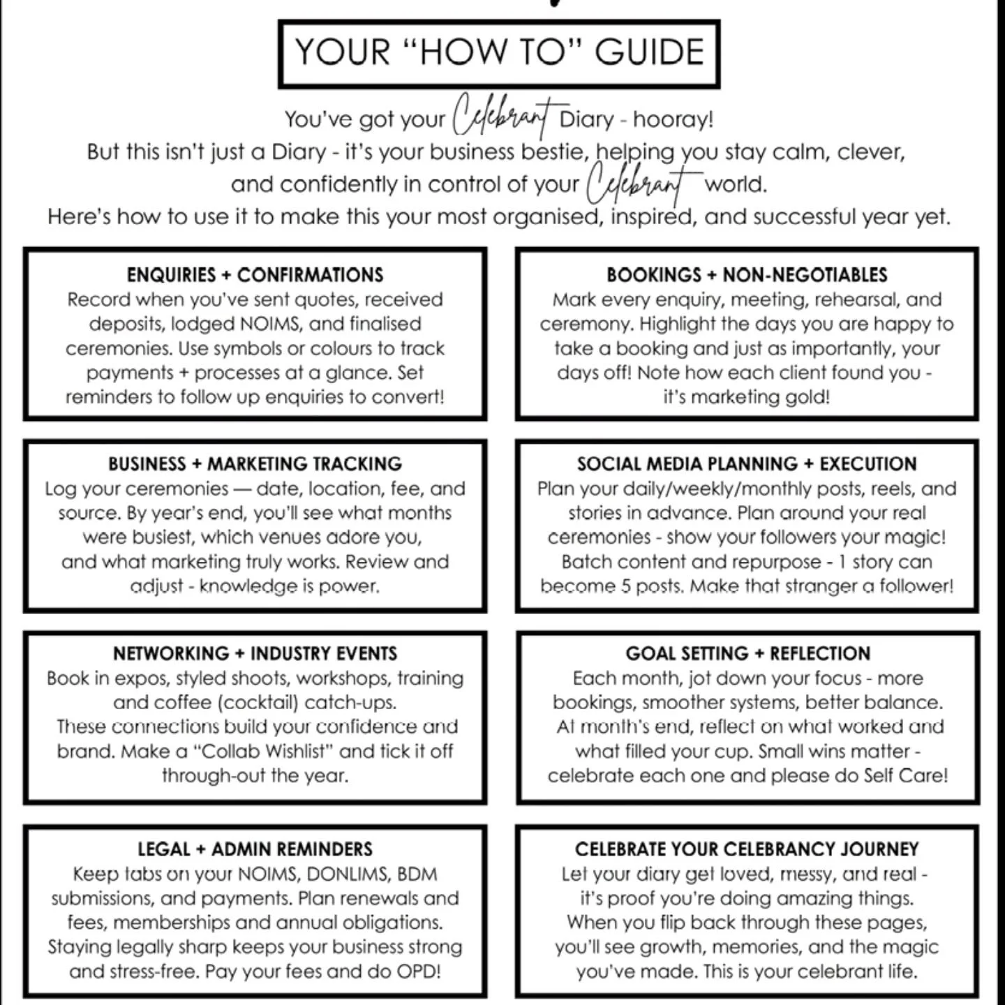 Your celebrant life&hellip; but organised, intentional, and thriving.

This isn&rsquo;t just a diary.

It&rsquo;s your behind-the-scenes magic-maker.

The place where enquiries turn into bookings&hellip;
Where ideas turn into ceremonies&hellip;
And w