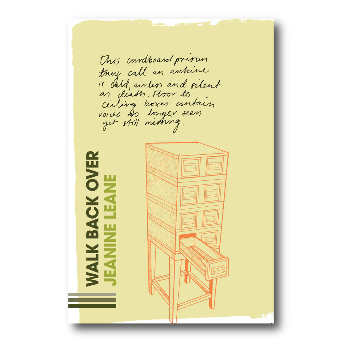 Image shows a book cover with an old-fashioned manual library index filing cabinet. The image sits on a pale yellow background. Above the filing cabinet sits an excerpt from a poem, presented in a handwriting-style font.