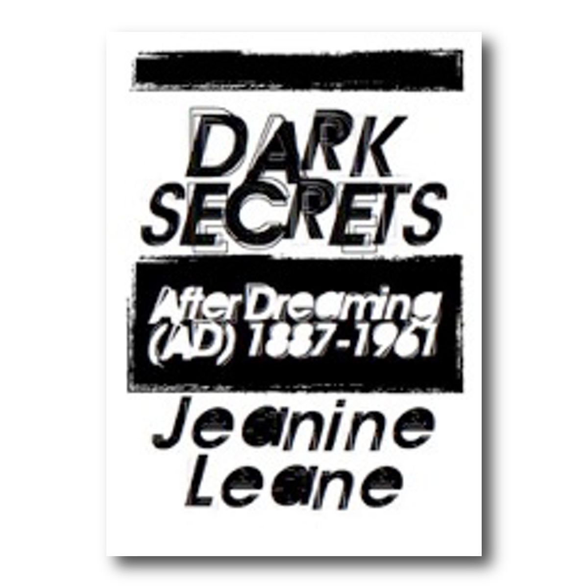 Image shows a book cover with black and white text. Text font is large and characterised by shadows and uneven placement.