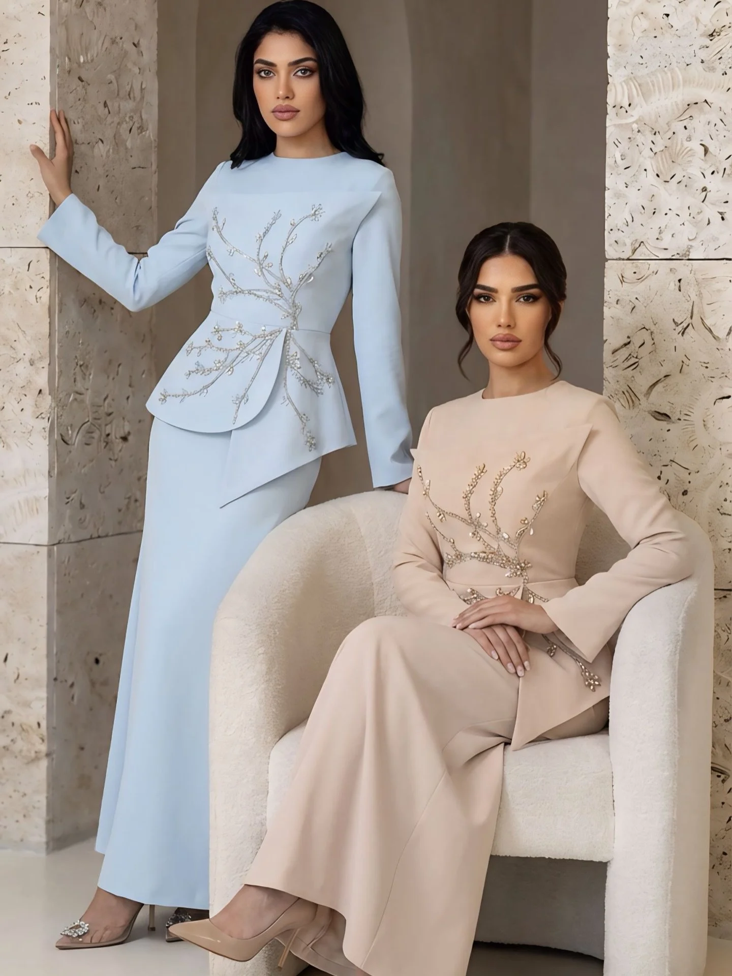 BRISA: A New Standard of Elegance. ✨

The Design: An architectural silhouette featuring an intricate floral bodice and a signature asymmetrical peplum.

☁️ Sky Blue: For a serene, ethereal statement.

⏳ Sand Beige: For timeless, sophisticated warmth.