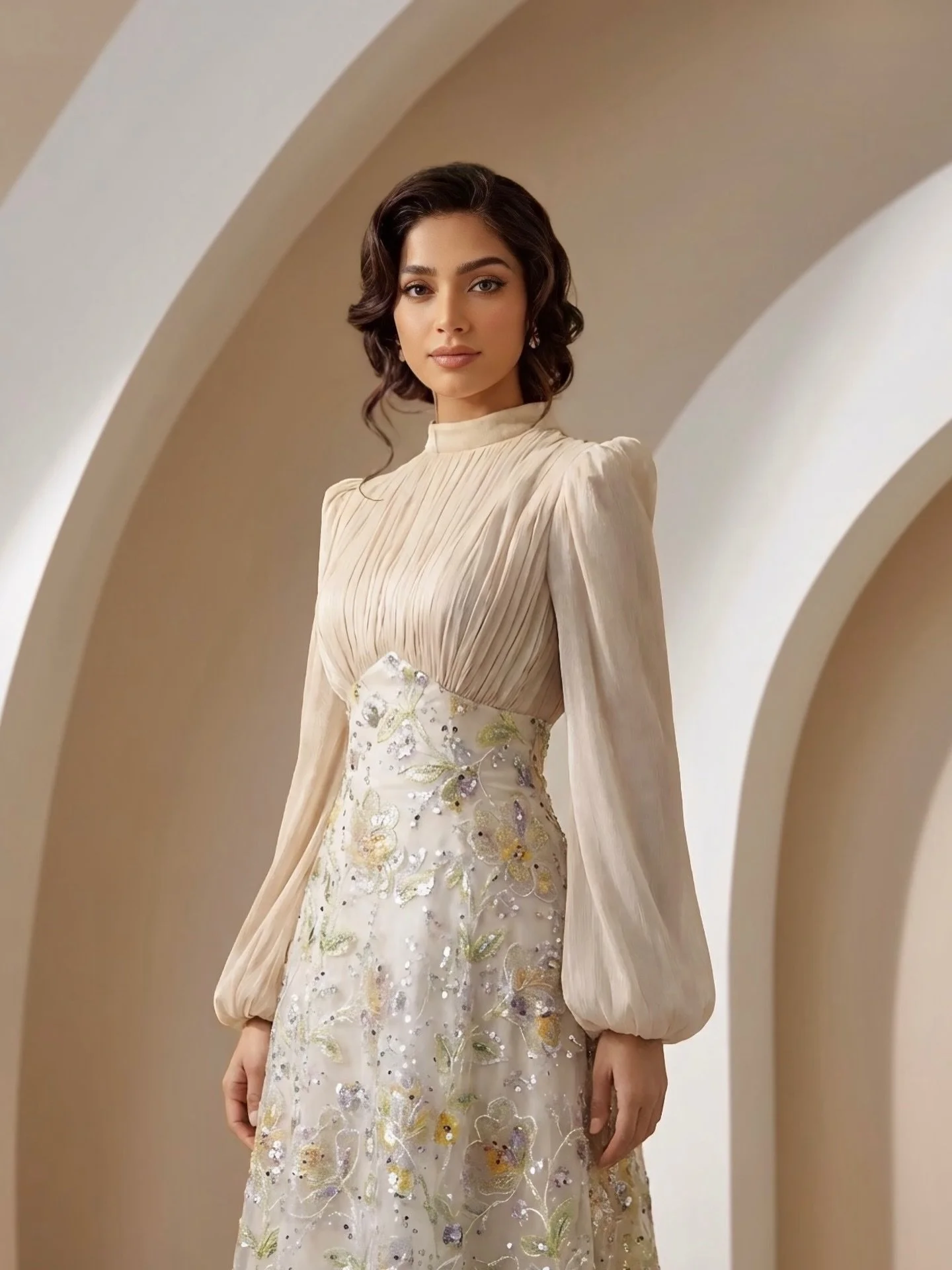 ✨Lisbone Gown✨
Elevate your festive wardrobe with the Lisbone, a masterpiece of texture and light. Crafted from premium Chiffon and Organza, this gown features intricate 3D floral embroidery and a sophisticated pleated bodice. The signature high-neck