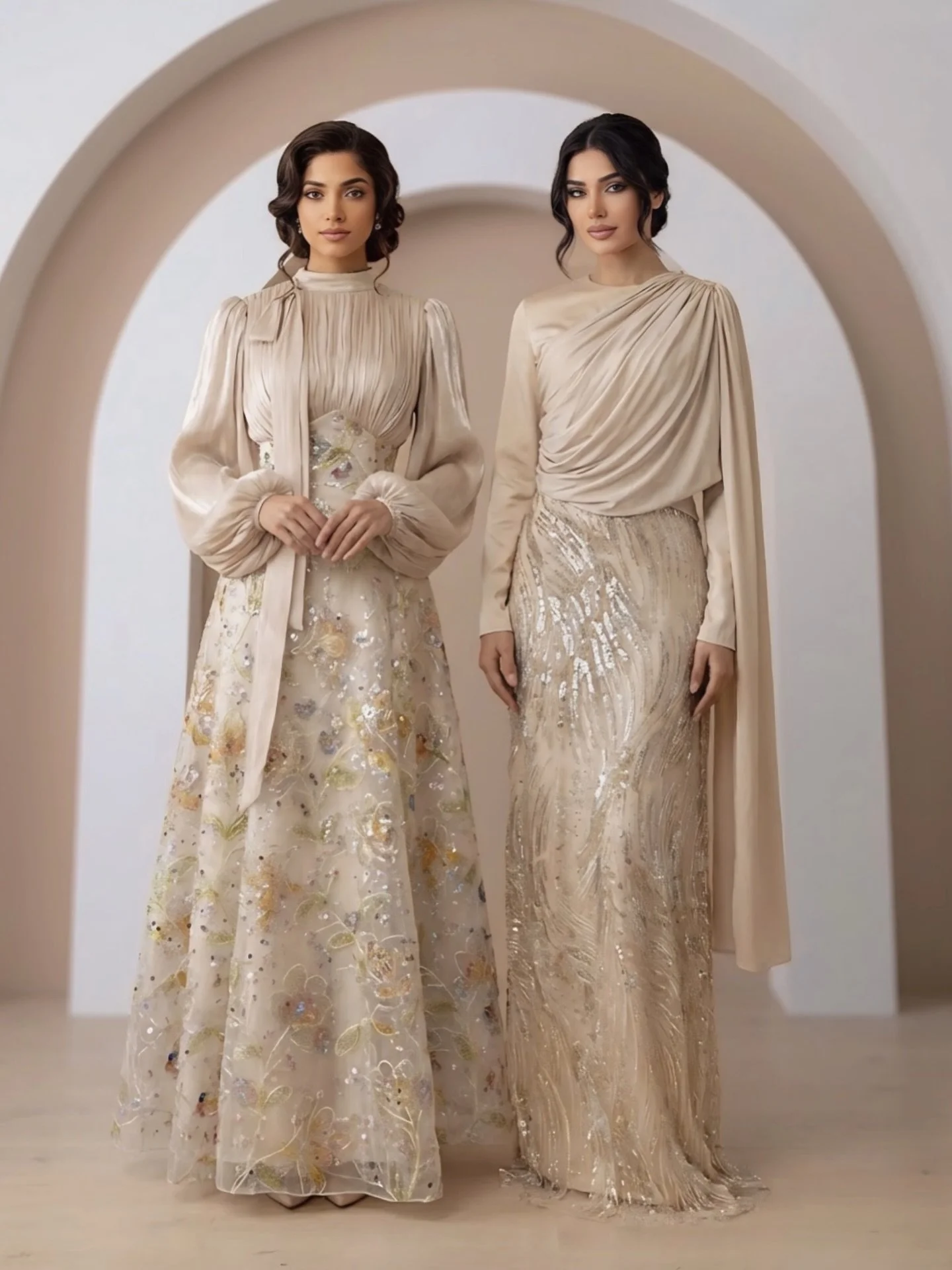 The Beige Edit: Lisbone &amp; Tina ✨
premium Turkish arrivals are the ultimate choice for your Eid celebrations.

The Details:

✨Lisbone (Left)✨

Fabric: Premium Chiffon &amp; Organza with 3D floral embroidery.

Design: Pleated high-neck with a signa