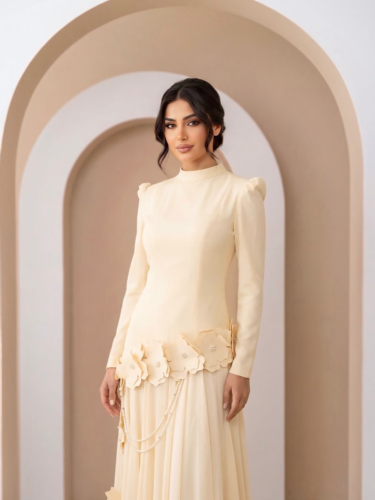 Introducing: The Efruz Gown 🌼
Experience the perfect blend of modern structure and delicate femininity. Our new Efruz gown is a masterpiece of Turkish craftsmanship, featuring a high-neck silhouette, elegant puffed shoulders, and a unique 3D floral 