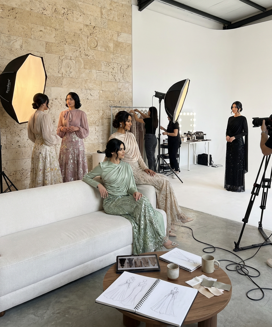 A photoshoot in a studio with several women dressed in elegant clothing, some sitting on a white sofa, others standing or working on touch-up. There are professional lighting and camera equipment, with makeup and styling supplies on a table in the background. Sketches of dresses are on a round table in the foreground.