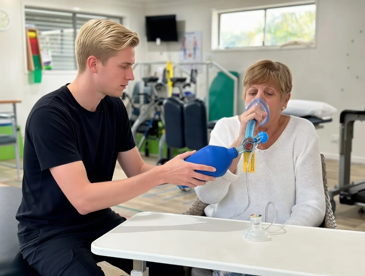 Physiotherapist assisting client with breathing exercises and airway clearance
