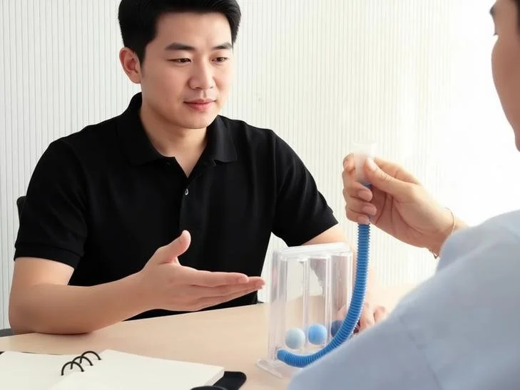 Physiotherapist assisting client with breathing exercises and airway clearance