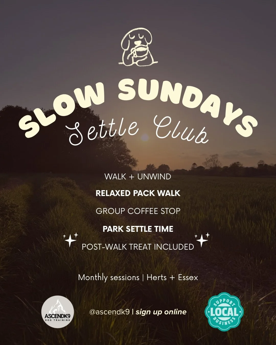 Start your Sundays the right way ☕🐾

Introducing&hellip; SLOW SUNDAYS SETTLE CLUB 💫

You asked 💬 We listened 🙋🏼&zwj;♀️

Think chilled group walks, coffee stops, park settles + good chats with a community of like-minded dog owners 🌿

Each month 