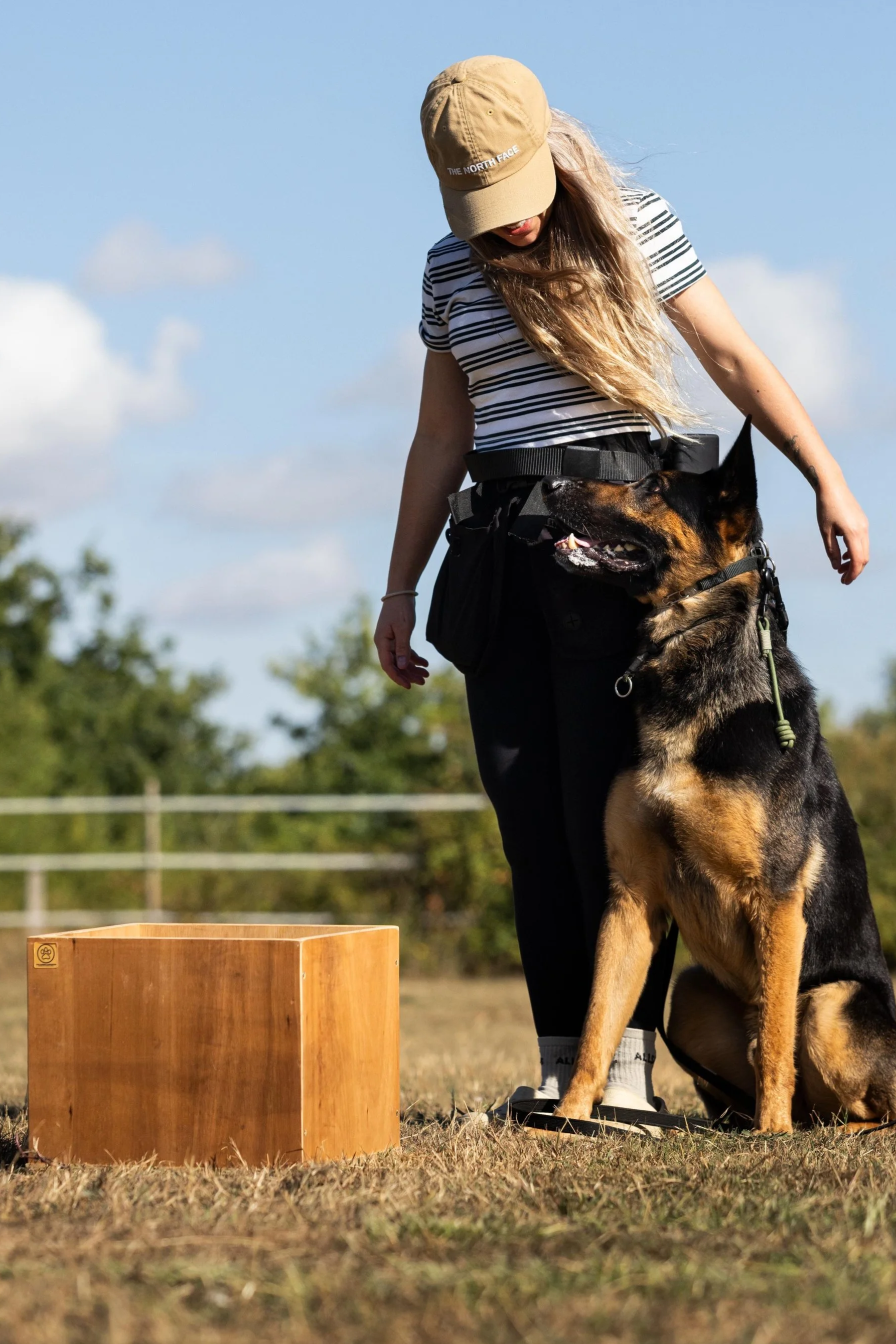 A woman with long blonde hair, wearing a beige cap, striped shirt, and black pants, kneeling on the ground with a German Shepherd dog sitting next to her outdoors. There is a wooden box in front of them on dry grass, with a bright blue sky and trees in the background.