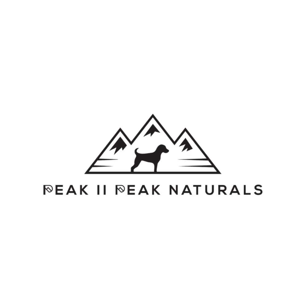 Logo for Peak 11 Peak Naturals featuring mountain peaks, a dog, and the company name.