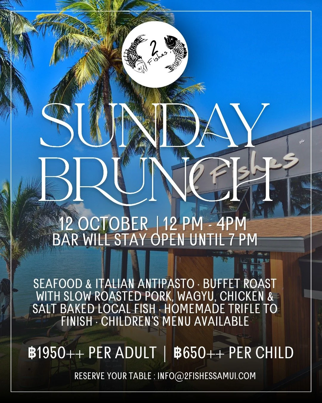 🐟 You&rsquo;re invited to 2 Fishes&rsquo; first-ever Sunday Brunch! 🐟

Join us on Sunday, 12th October for something special. We&rsquo;ll be opening our doors early at 12 PM and closing at 7 PM, for a long, leisurely afternoon of dining by the sea.