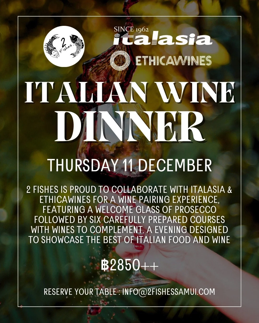 We&rsquo;re teaming up with 𝗜𝘁𝗮𝗹𝗮𝘀𝗶𝗮 and 𝗘𝘁𝗵𝗶𝗰𝗮 𝗪𝗶𝗻𝗲𝘀 for a special Wine Pairing Experience, bringing together beautiful Italian wines and a multi-course dinner crafted by Chef Leandro. 

Your evening begins with a welcome glass of
