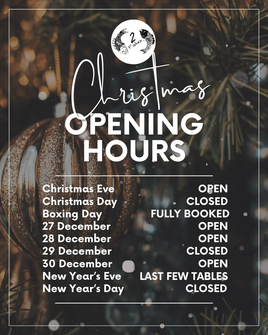 A little festive update from 2 Fishes as we head into our busiest time of the year. We&rsquo;re already seeing tables fill quickly for the coming weeks, so if you&rsquo;re planning to dine with us, we highly recommend booking in advance, especially f