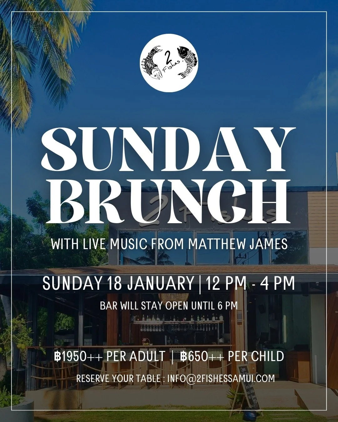 Sunday Brunch is back at 2 Fishes &bull; Sunday 18th January 

Join us from 12&ndash;4pm for an afternoon of great food, live music and long, lazy Sunday vibes by the sea. The bar will stay open until 6pm if you fancy enjoying a drink or two at sunse