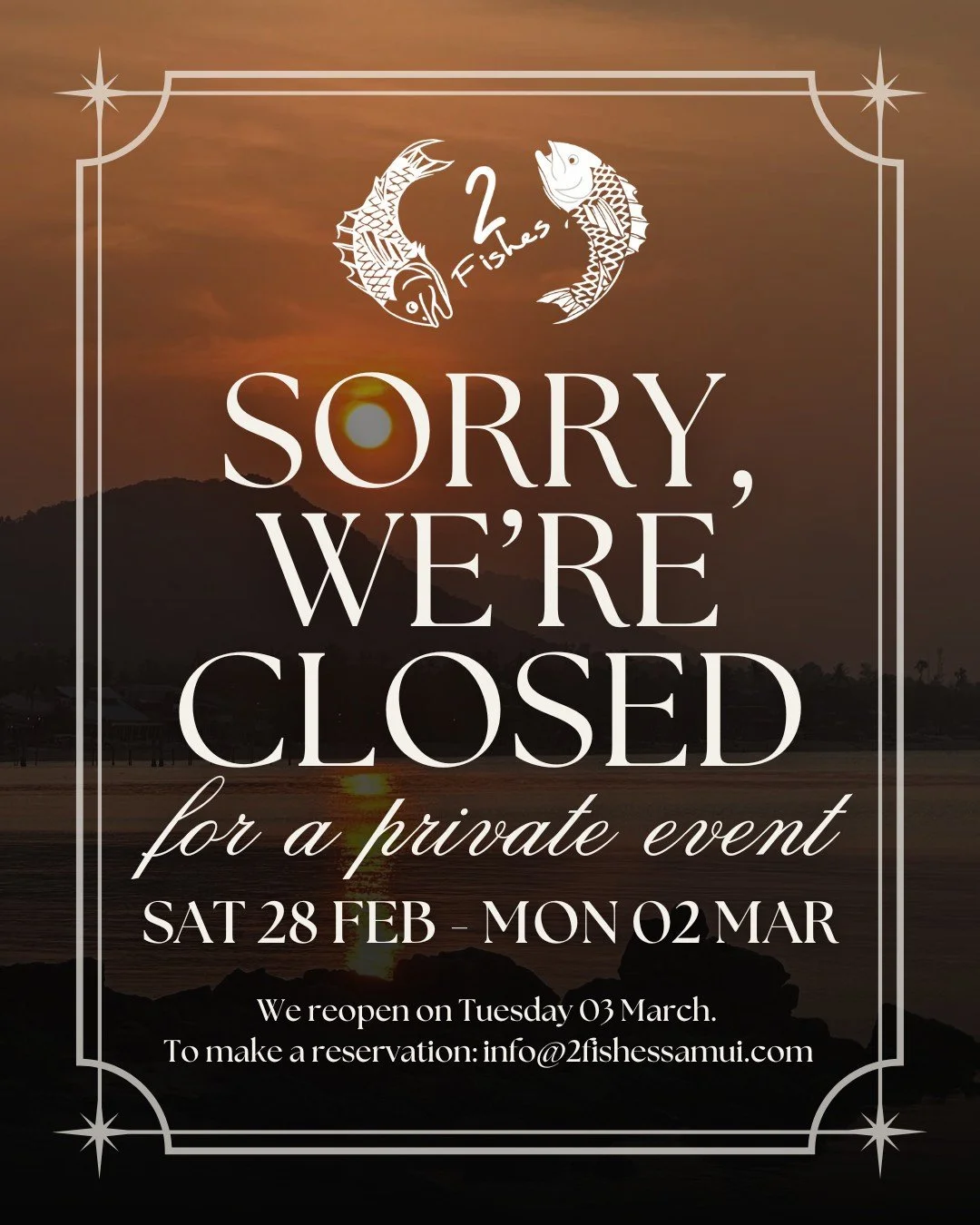 This weekend, 2 Fishes is closed for a private celebration. 

𝗪𝗲 𝗮𝗿𝗲 𝗰𝗹𝗼𝘀𝗲𝗱 𝗳𝗿𝗼𝗺 𝗦𝗮𝘁𝘂𝗿𝗱𝗮𝘆 𝟮𝟴𝘁𝗵 𝘁𝗼 𝗠𝗼𝗻𝗱𝗮𝘆 𝟮𝗻𝗱, reopening on Tuesday 3rd March. If you&rsquo;d like to join us next week, please send us a DM or email