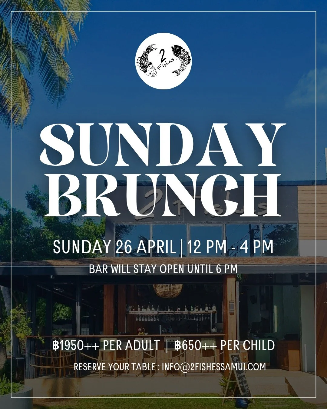 Our famous Sunday brunch is back. Join us on Sunday 26th April from 12pm at 2 Fishes for a proper beachfront brunch.

We&rsquo;re starting strong&hellip; oysters, house-smoked salmon, arancini, baby octopus and one of Chef Leandro&rsquo;s specials (y