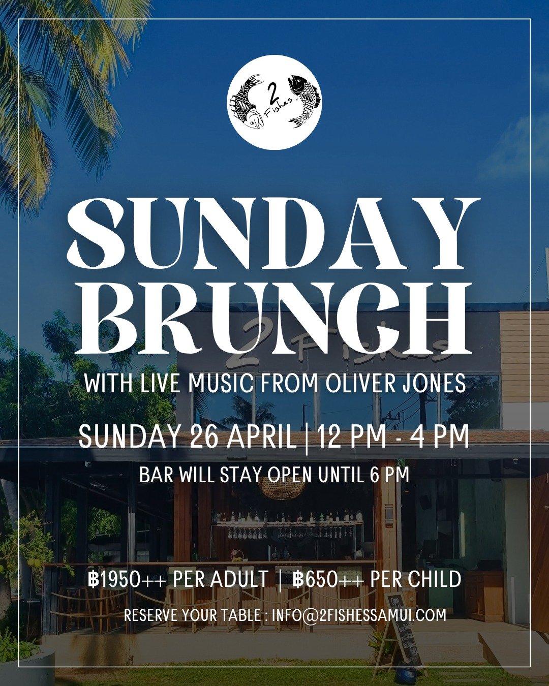 Our famous Sunday brunch is back at 2 Fishes this weekend with live music from the brilliant Oliver Jones. 

Join us on Sunday 26th April from 12pm for a relaxed beachfront brunch with fresh seafood, seasonal starters and a full carvery including spi